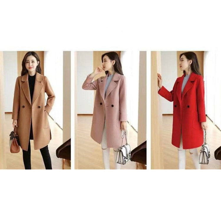 Solid Color Suit Collar Large Pocket Mid-length Woolen Coat for Women