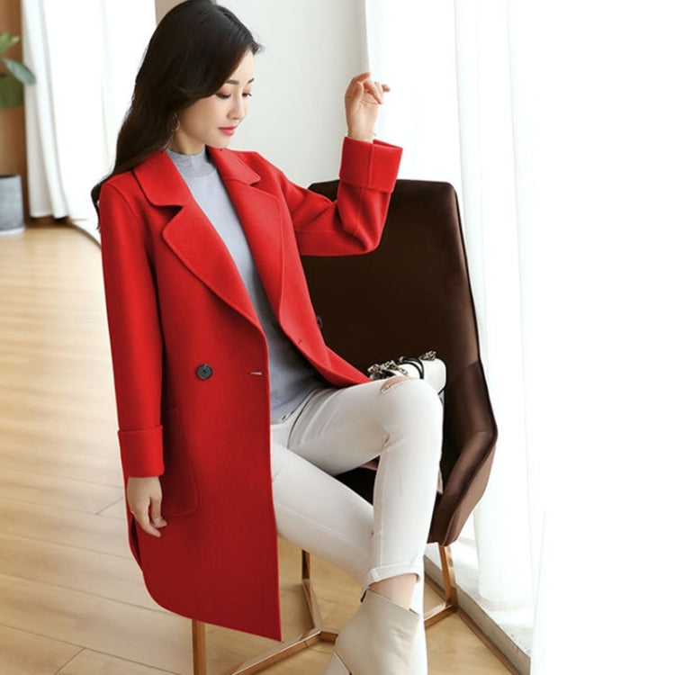 Solid Color Suit Collar Large Pocket Mid-length Woolen Coat for Women