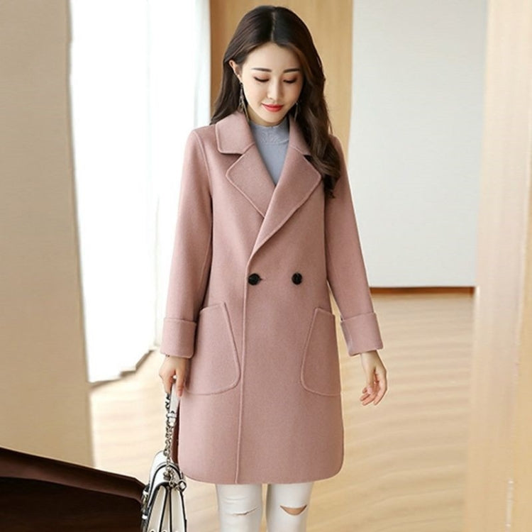 Solid Color Suit Collar Large Pocket Mid-length Woolen Coat for Women