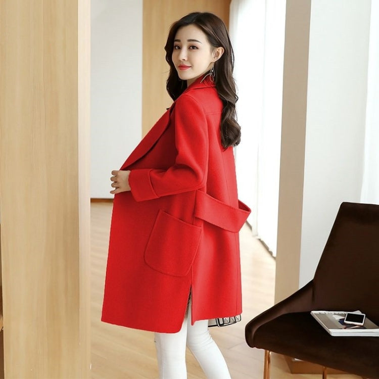 Solid Color Suit Collar Large Pocket Mid-length Woolen Coat for Women