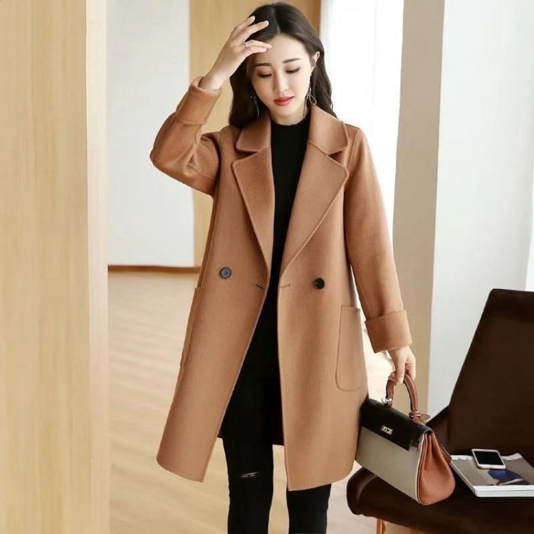 Solid Color Suit Collar Large Pocket Mid-length Woolen Coat for Women