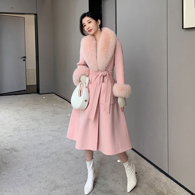Autumn And Winter Solid Color Large Fur Collar Slim Mid-length Woolen Coat With Large Pockets for Women