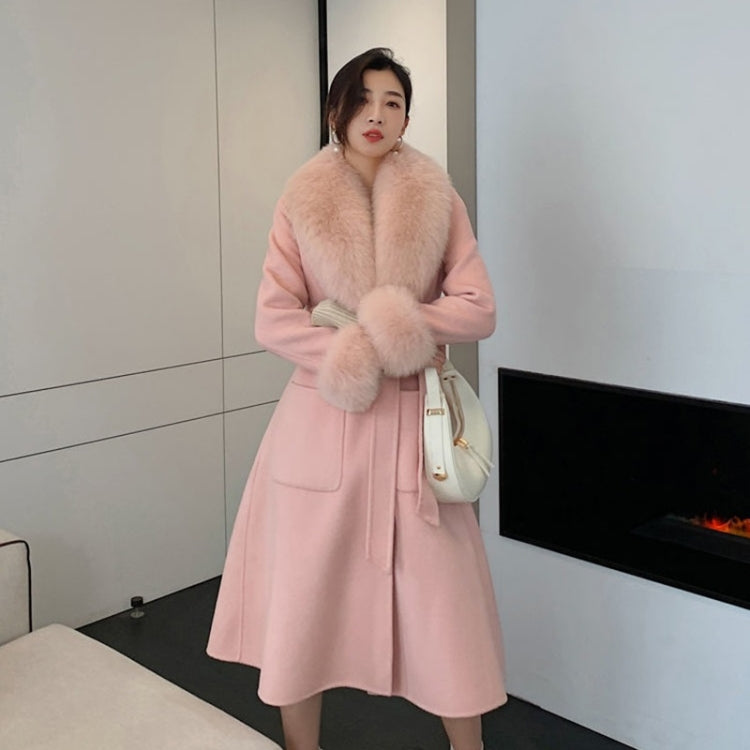 Autumn And Winter Solid Color Large Fur Collar Slim Mid-length Woolen Coat With Large Pockets for Women