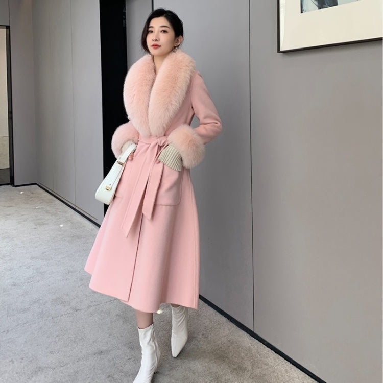 Autumn And Winter Solid Color Large Fur Collar Slim Mid-length Woolen Coat With Large Pockets for Women