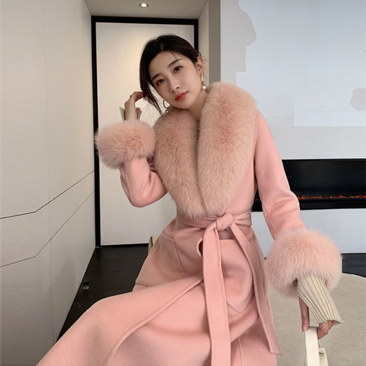Autumn And Winter Solid Color Large Fur Collar Slim Mid-length Woolen Coat With Large Pockets for Women