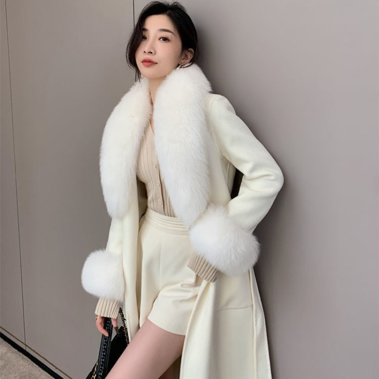 Autumn And Winter Solid Color Large Fur Collar Slim Mid-length Woolen Coat With Large Pockets for Women