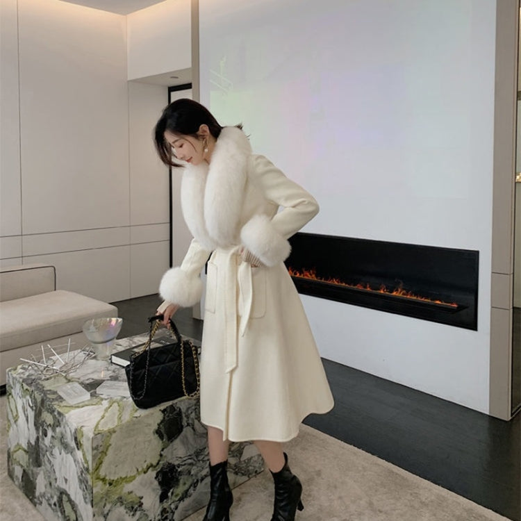 Autumn And Winter Solid Color Large Fur Collar Slim Mid-length Woolen Coat With Large Pockets for Women