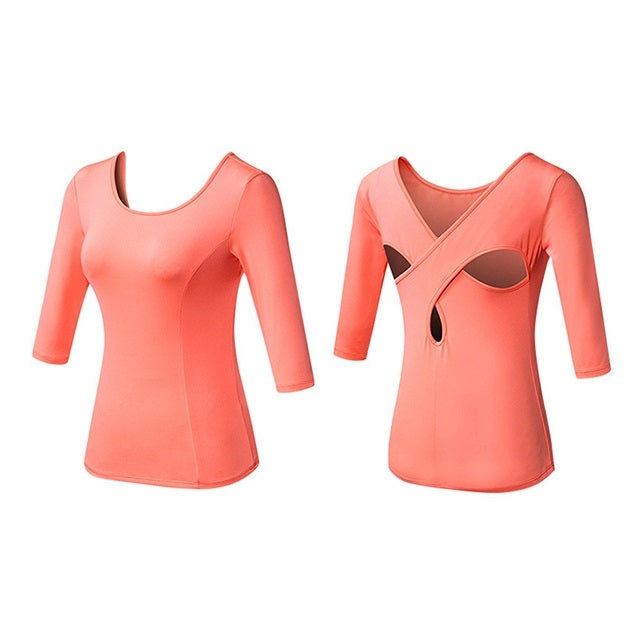 Back Cross Medium-length Sleeve Yoga Sportswear For Ladies