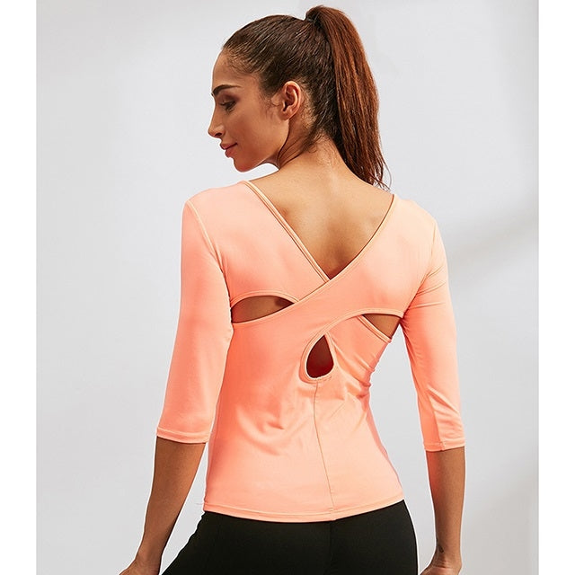 Back Cross Medium-length Sleeve Yoga Sportswear For Ladies