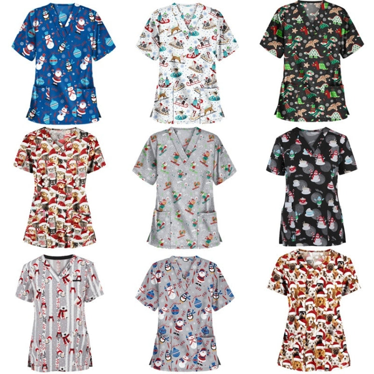 Christmas Print Short-sleeved Pocket T-shirt Nurse Uniform