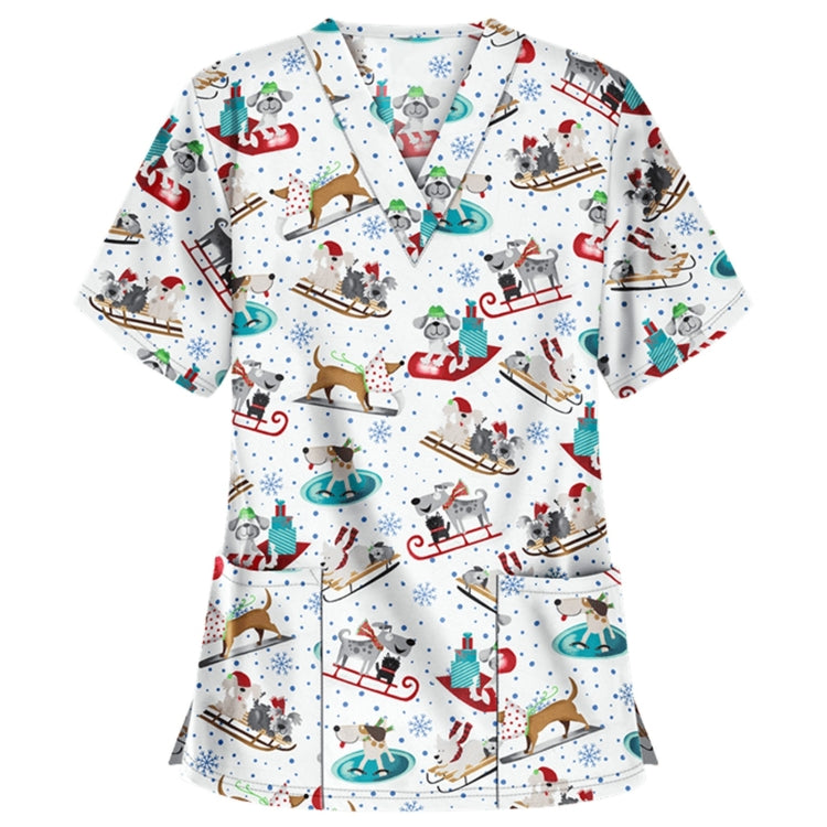 Christmas Print Short-sleeved Pocket T-shirt Nurse Uniform