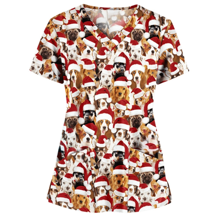 Christmas Print Short-sleeved Pocket T-shirt Nurse Uniform
