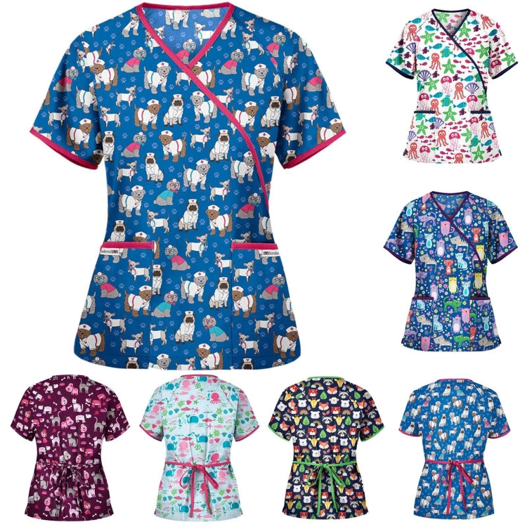 Printed V-neck Mid-length Nurse Uniform T-shirt