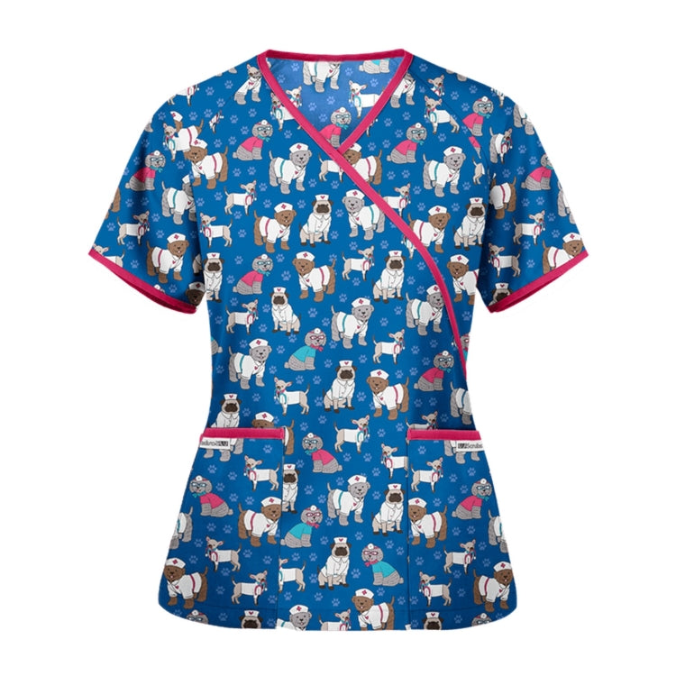 Printed V-neck Mid-length Nurse Uniform T-shirt