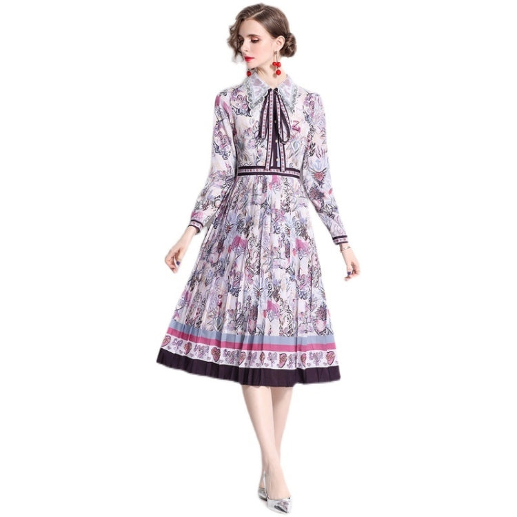 Early Spring Long-sleeved Lapel Printed Big Swing Dress
