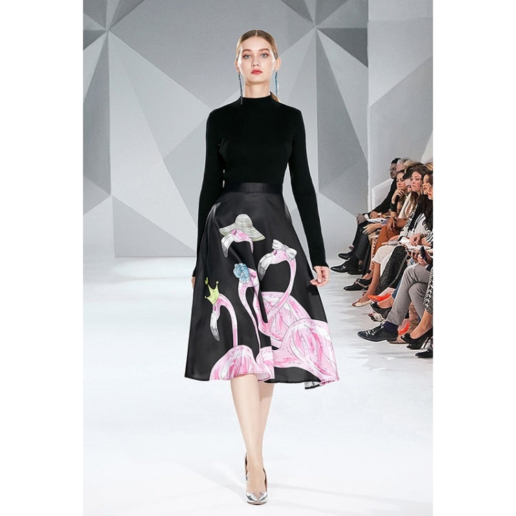Autumn Winter Slim Fit Knit Sweater + Flamingo Print Big Swing Skirt Suit