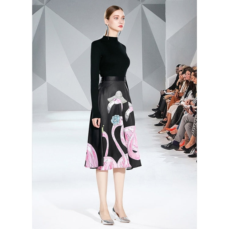 Autumn Winter Slim Fit Knit Sweater + Flamingo Print Big Swing Skirt Suit