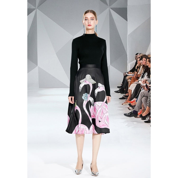 Autumn Winter Slim Fit Knit Sweater + Flamingo Print Big Swing Skirt Suit