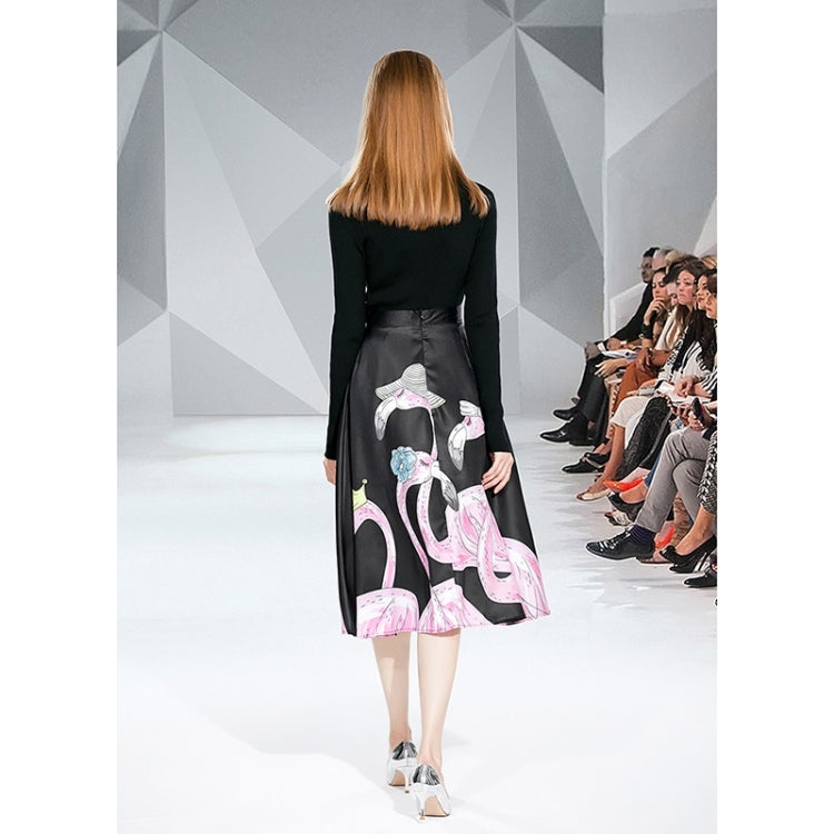 Autumn Winter Slim Fit Knit Sweater + Flamingo Print Big Swing Skirt Suit