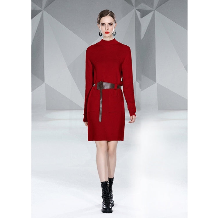 Autumn Winter Solid Color Knitted Sweater Dress with Belt