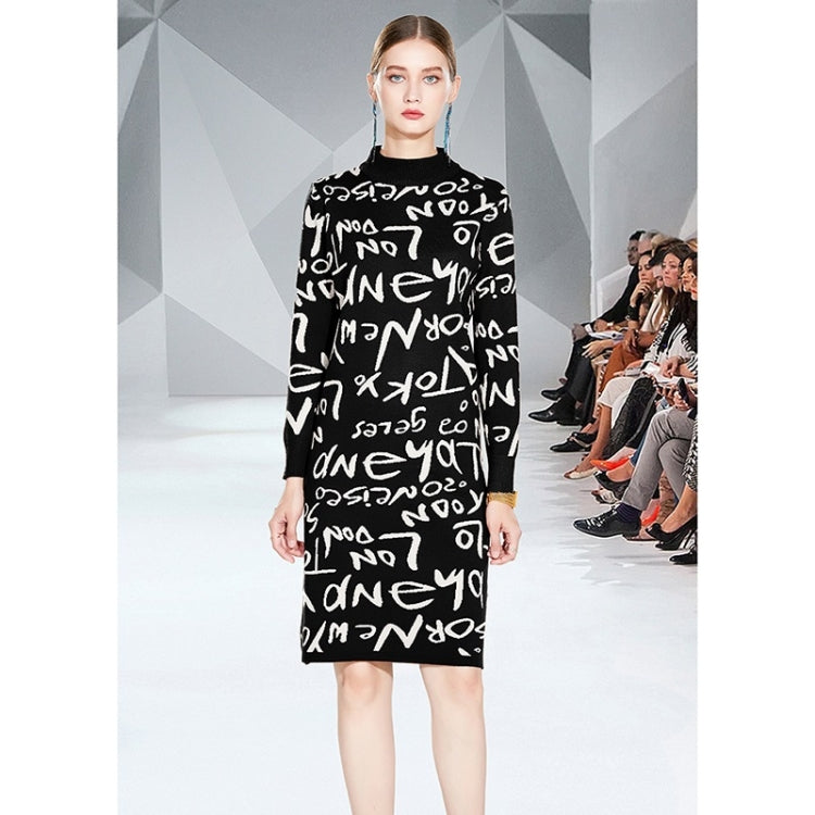 Autumn Winter Retro Alphabet Graffiti Knitted Sweater Dress (Color:Black Size:Free Size)