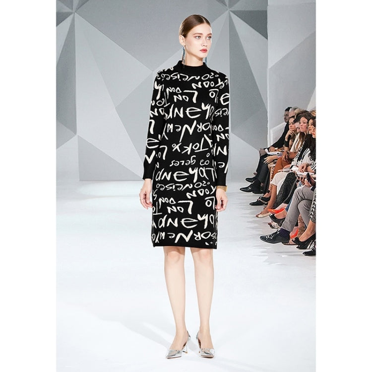 Autumn Winter Retro Alphabet Graffiti Knitted Sweater Dress (Color:Black Size:Free Size)