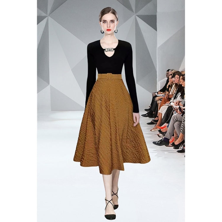 Autumn Winter Long-sleeved Hollow Chain Knit Top + Large Swing Skirt Suit