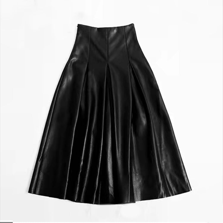 Autumn Winter Lantern Sleeve Knitted Sweater + High Waist Leather Skirt Suit