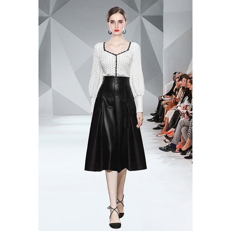 Autumn Winter Lantern Sleeve Knitted Sweater + High Waist Leather Skirt Suit