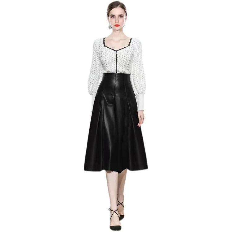 Autumn Winter Lantern Sleeve Knitted Sweater + High Waist Leather Skirt Suit