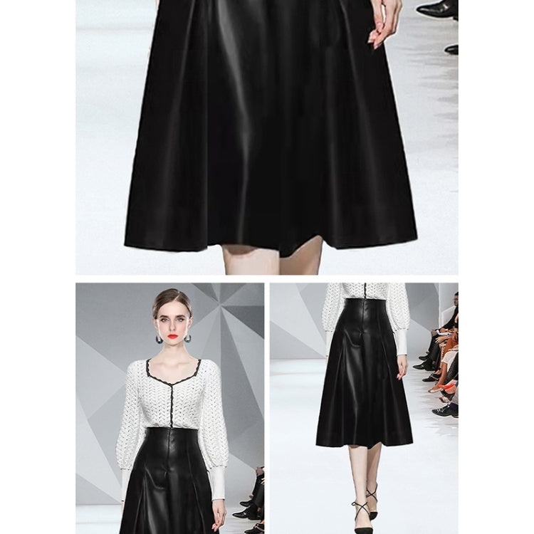 Autumn Winter Lantern Sleeve Knitted Sweater + High Waist Leather Skirt Suit