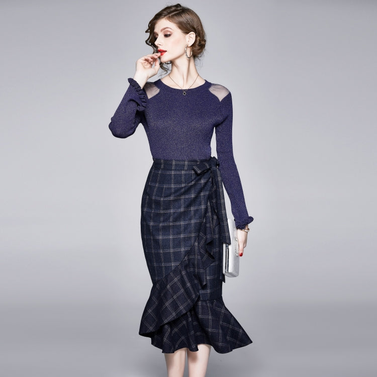 Bright Silk Sweater + Irregular Plaid Pattern One-piece Ruffle Skirt Suit