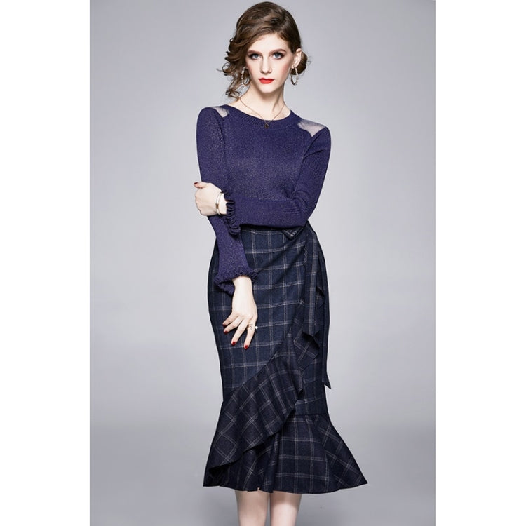 Bright Silk Sweater + Irregular Plaid Pattern One-piece Ruffle Skirt Suit