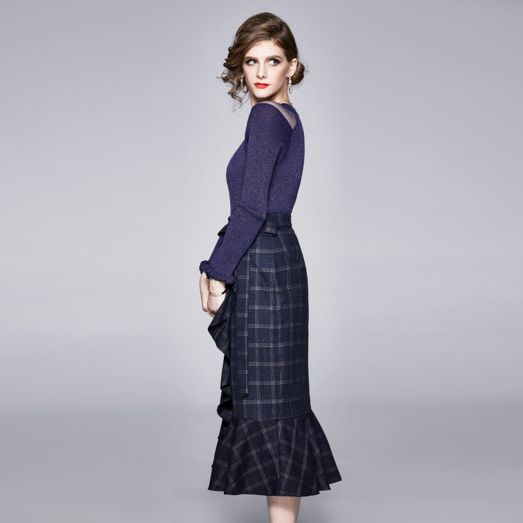 Bright Silk Sweater + Irregular Plaid Pattern One-piece Ruffle Skirt Suit