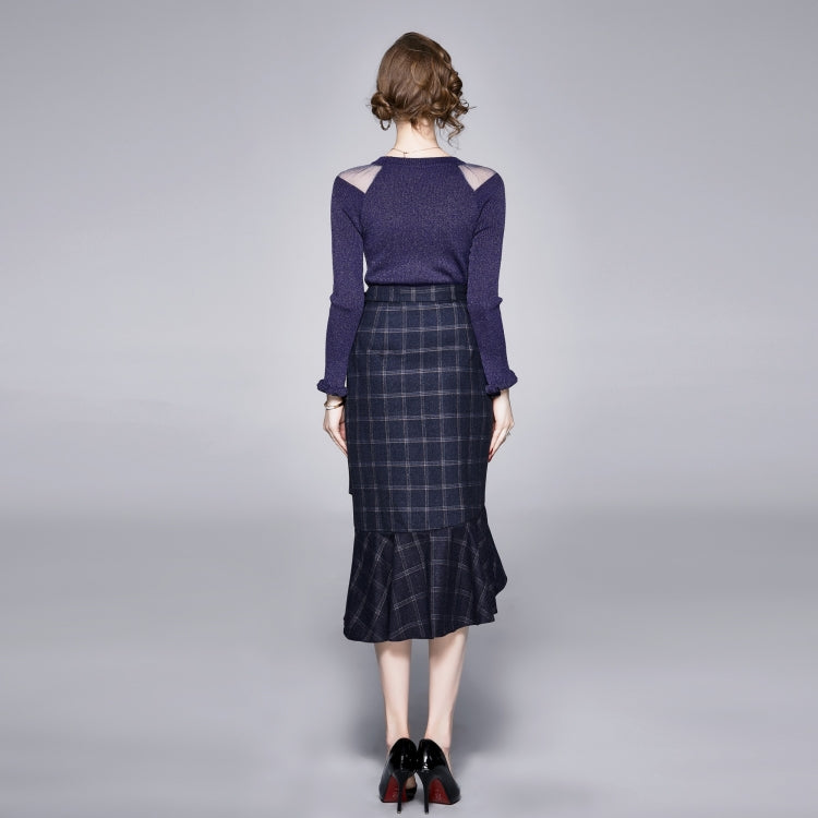 Bright Silk Sweater + Irregular Plaid Pattern One-piece Ruffle Skirt Suit