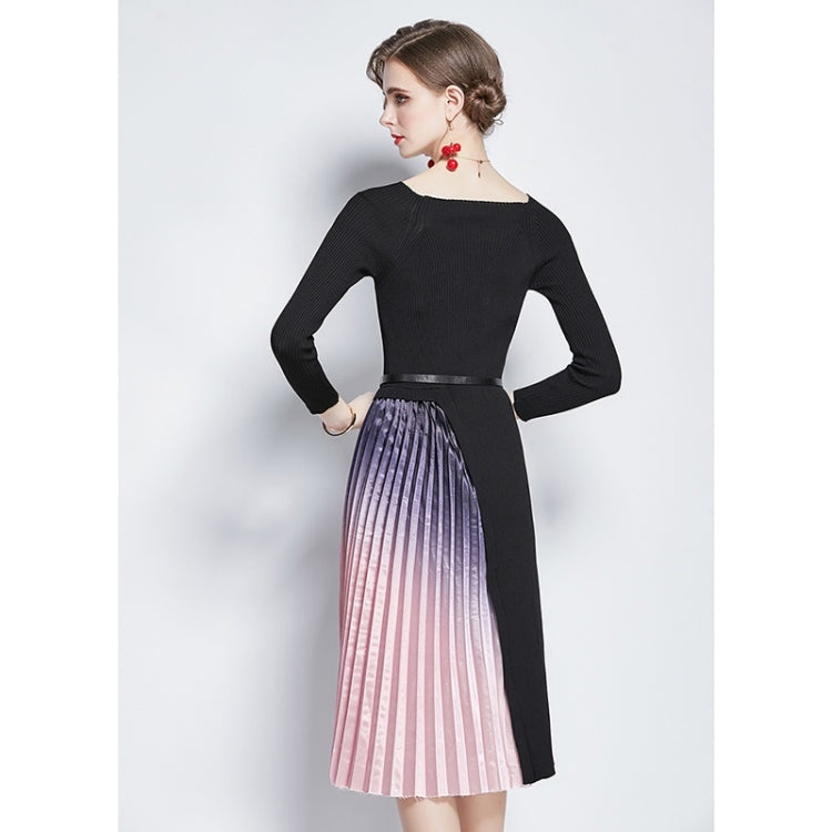 Mid-length Gradient Pleated Stitching Long-sleeved Knitted Dress