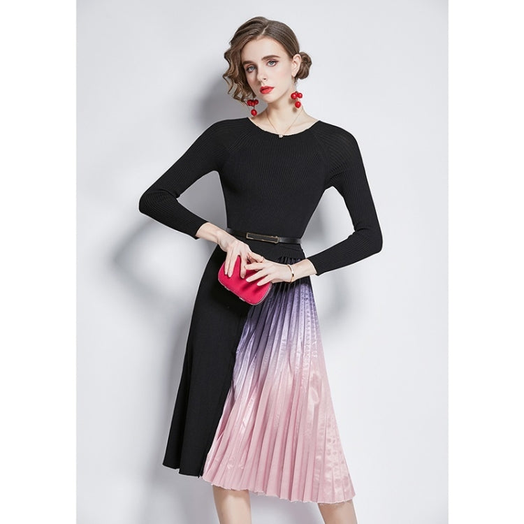 Mid-length Gradient Pleated Stitching Long-sleeved Knitted Dress