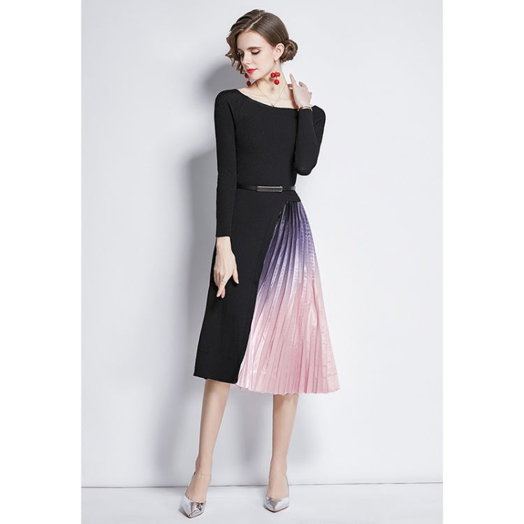 Mid-length Gradient Pleated Stitching Long-sleeved Knitted Dress