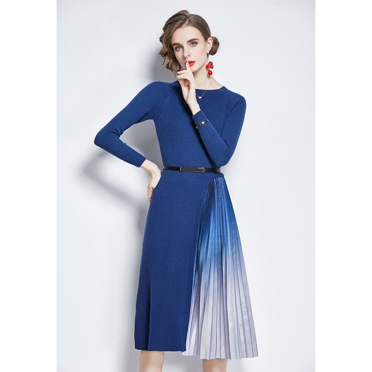Mid-length Gradient Pleated Stitching Long-sleeved Knitted Dress