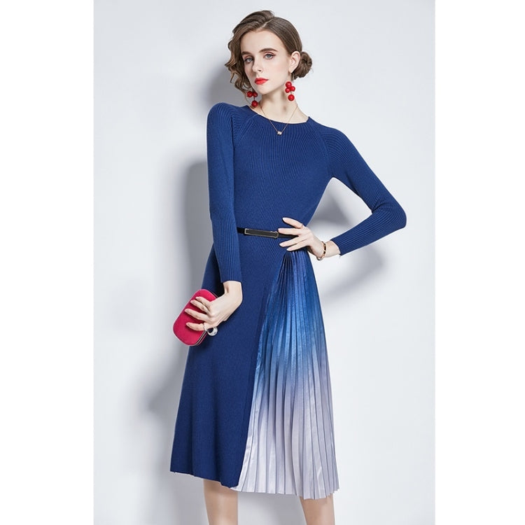Mid-length Gradient Pleated Stitching Long-sleeved Knitted Dress