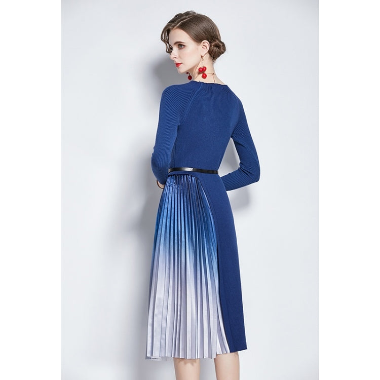 Mid-length Gradient Pleated Stitching Long-sleeved Knitted Dress