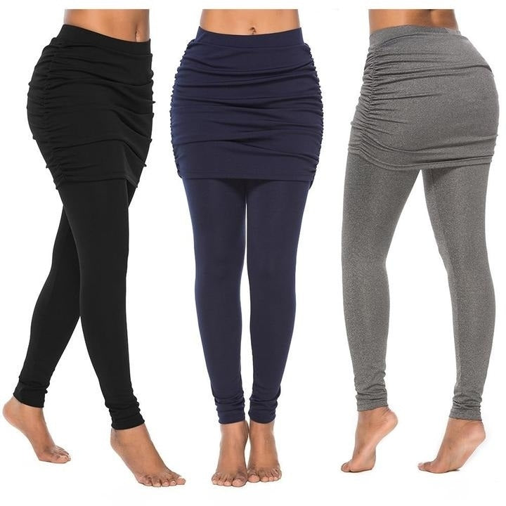 Women Wrapped Hip Side Pleated Skirt Fake Two-piece Leggings