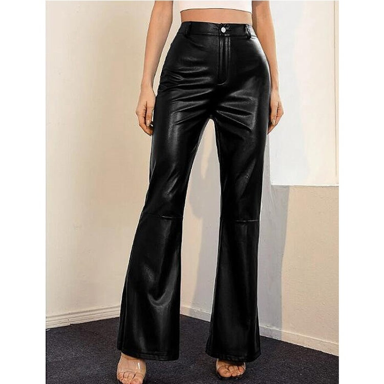Loose Casual Flared Trousers PU Leather Pants For Ladies (Color:Black Size:S)