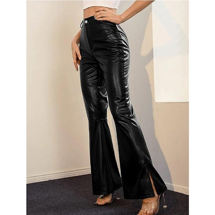 Loose Casual Flared Trousers PU Leather Pants For Ladies (Color:Black Size:S)