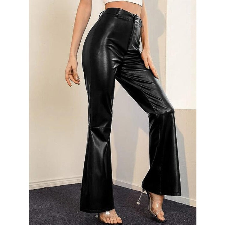 Loose Casual Flared Trousers PU Leather Pants For Ladies (Color:Black Size:S)