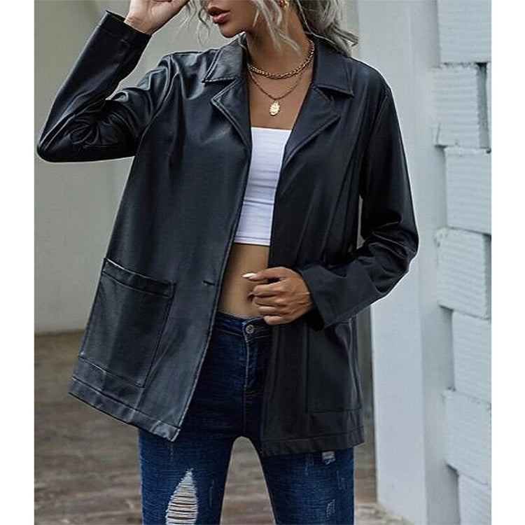 Loose Casual Long-sleeved PU Leather Jacket For Ladies