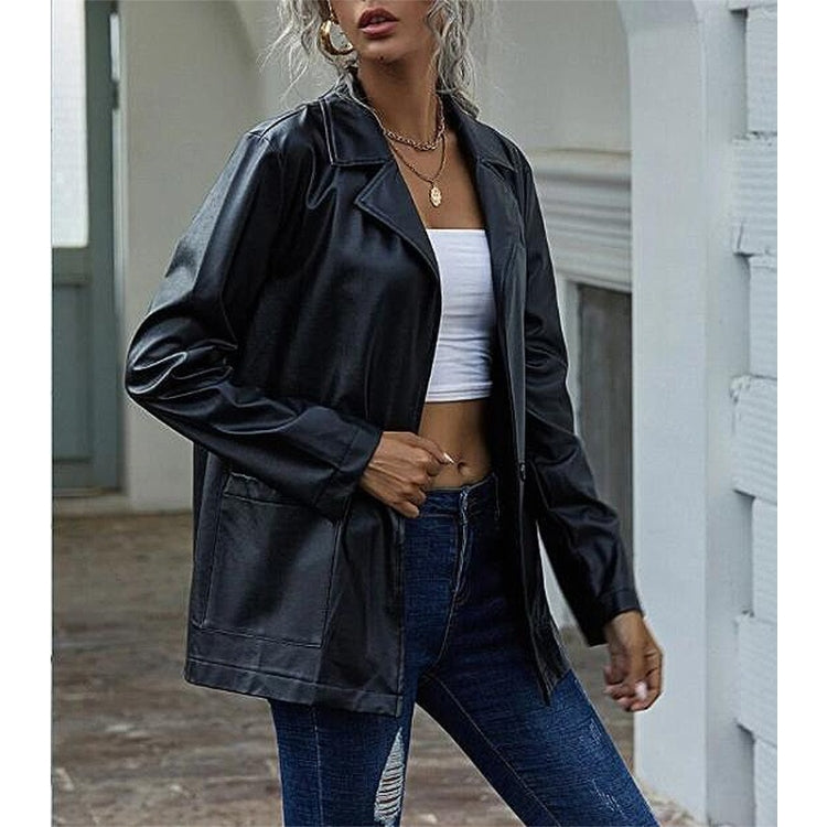 Loose Casual Long-sleeved PU Leather Jacket For Ladies