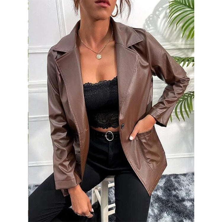 Loose Casual Long-sleeved PU Leather Jacket For Ladies