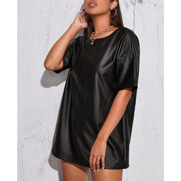 Loose Casual PU Leather Short Sleeve T-shirt For Ladies