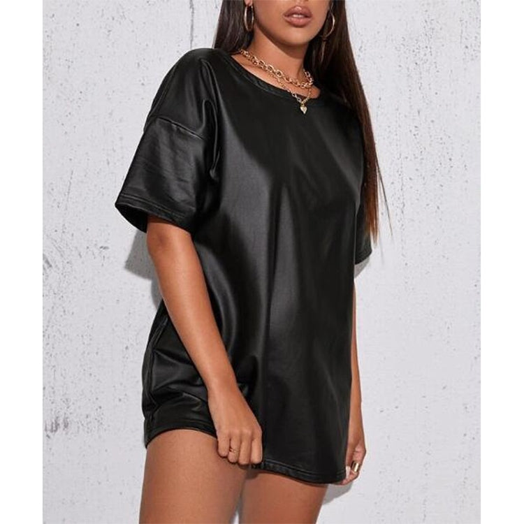 Loose Casual PU Leather Short Sleeve T-shirt For Ladies